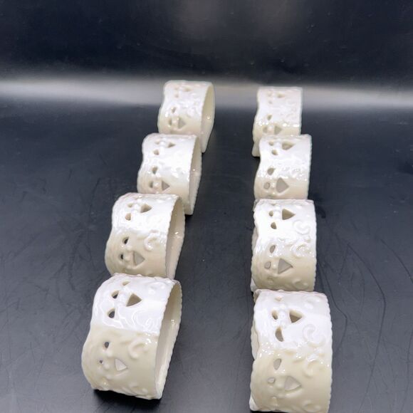 Set of 8 Skye McGhie Porcelain Napkin Rings Cream Lace Pattern Off White Holders - Picture 4 of 7